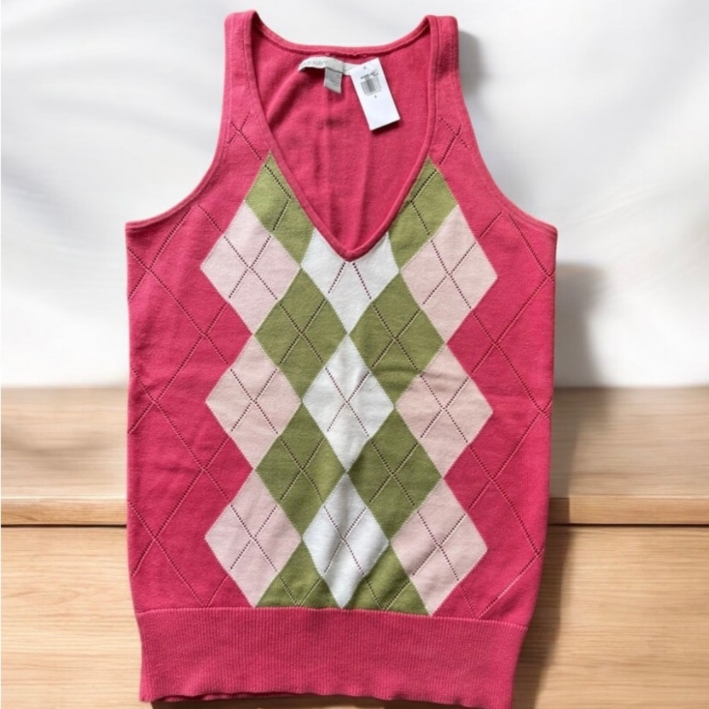 NWT Pink Green Argyle Cotton Sweater Vest - Picture 2 of 7